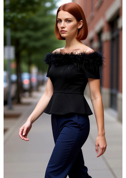 Kadın Carmen Yaka Tüylü Dokuma Bluz Renk Vücuda Oturan Kesim Şık Gece Kıyafeti Için Ideal