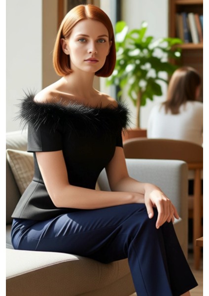 Kadın Carmen Yaka Tüylü Dokuma Bluz Renk Vücuda Oturan Kesim Şık Gece Kıyafeti Için Ideal fiyatları