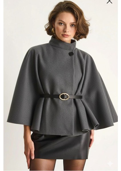 Kadın Kemerli Kaşe Panço- Antrasit