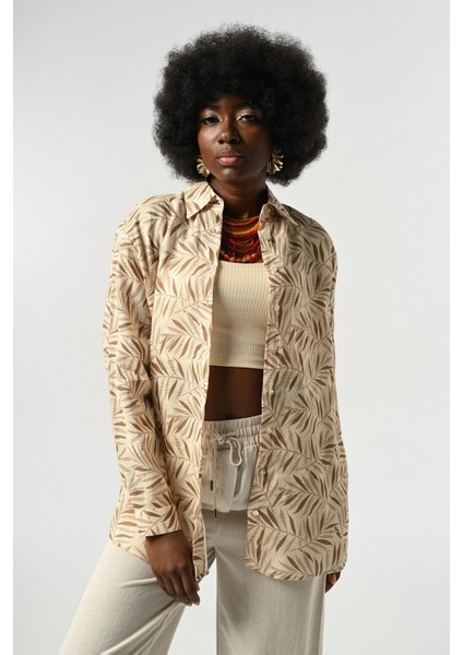 Kadın %100 Keten Desenli Oversize Kesim Gömlek