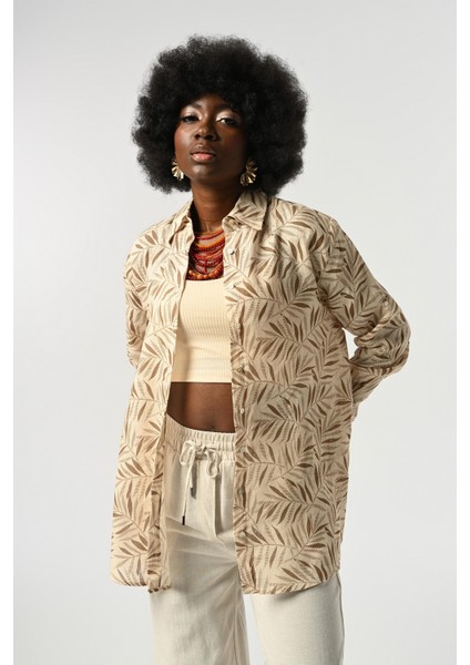 Kadın %100 Keten Desenli Oversize Kesim Gömlek modelleri