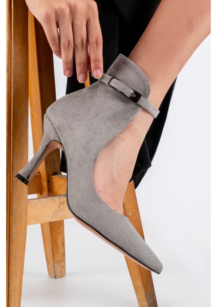 Topuklu Gri Süet Kadın Açık Bot Bilekten Ayarlanabilir Tokalı Model