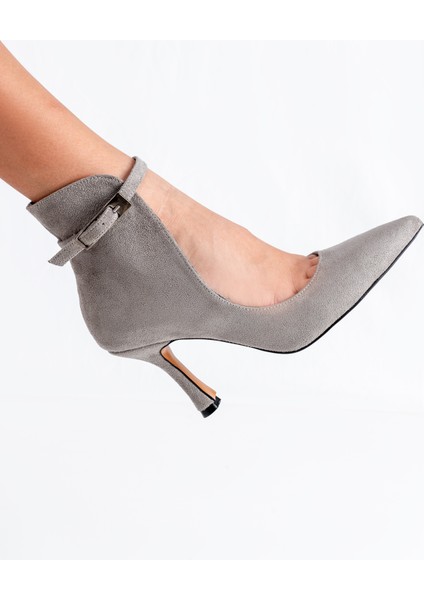 Topuklu Gri Süet Kadın Açık Bot Bilekten Ayarlanabilir Tokalı Model fiyatları
