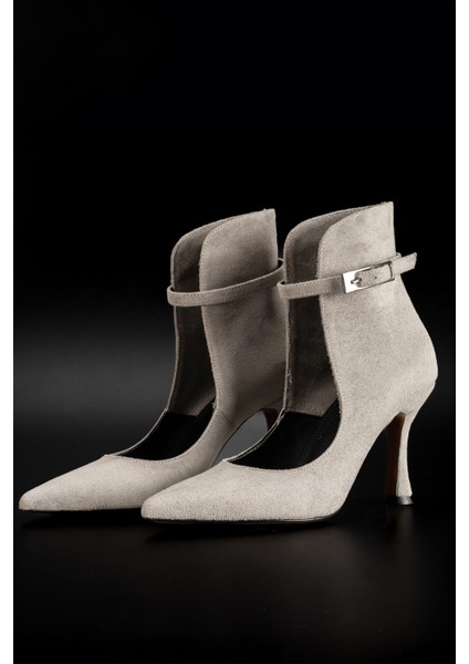 Topuklu Gri Süet Kadın Açık Bot Bilekten Ayarlanabilir Tokalı Model fırsatları