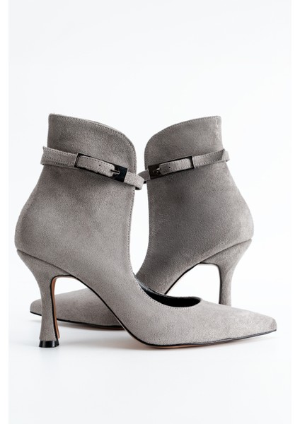 Topuklu Gri Süet Kadın Açık Bot Bilekten Ayarlanabilir Tokalı Model indirimleri