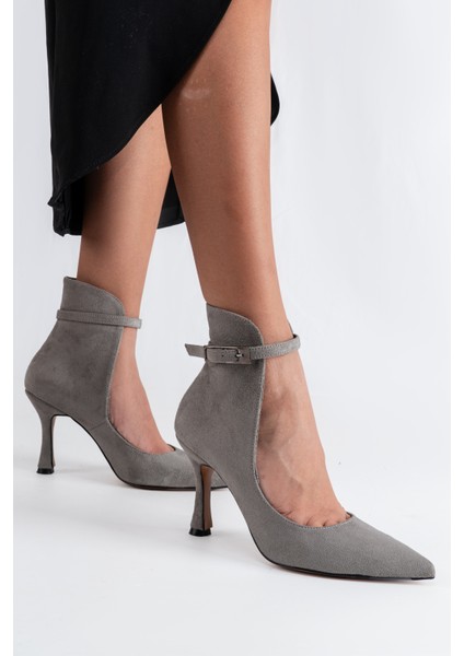 Topuklu Gri Süet Kadın Açık Bot Bilekten Ayarlanabilir Tokalı Model