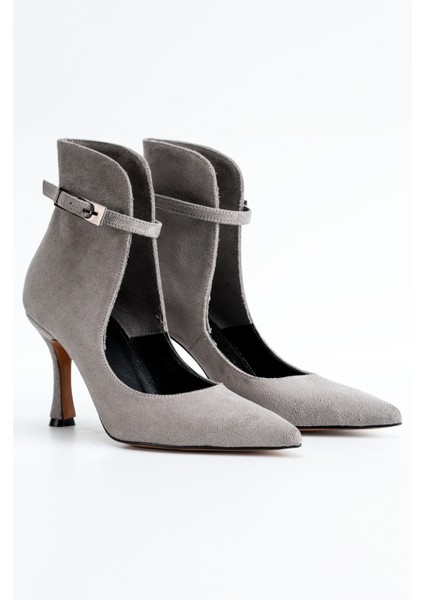 Topuklu Gri Süet Kadın Açık Bot Bilekten Ayarlanabilir Tokalı Model