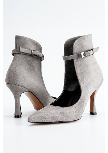 Topuklu Gri Süet Kadın Açık Bot Bilekten Ayarlanabilir Tokalı Model