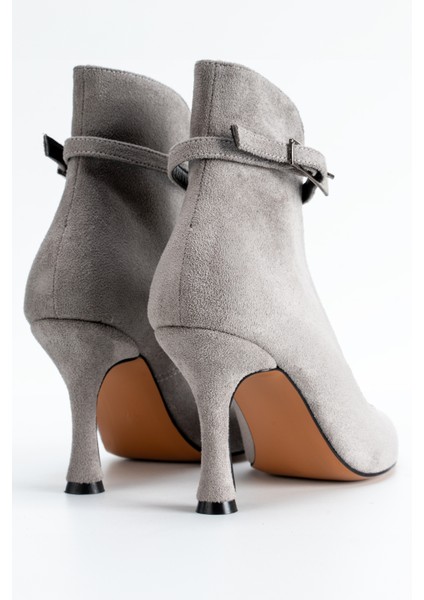 Topuklu Gri Süet Kadın Açık Bot Bilekten Ayarlanabilir Tokalı Model