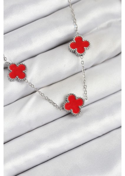 Bfs 316L Çelik Zincir Gümüş Kırmızı Renk Yonca Kadın Kolye