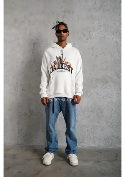 Erkek Oversize Kapüşonlu Sweatshirt – Beyaz Renk Üç Iplik Içi Pamuklu Kanguru Cepli Baskılı Hoodie Rahat Kalıp Kışlık Günlük Kombinlere Uygun - Beyaz fırsatları