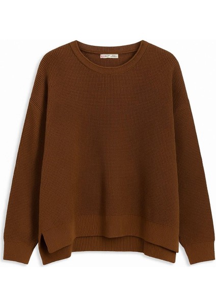 6183 Kadın Nopeli Oversize Triko Ince Kazak Kahve