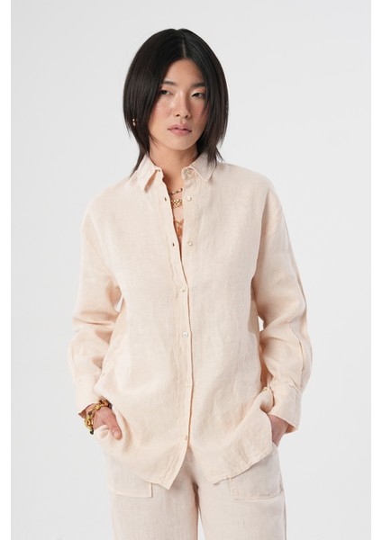 Kadın %100 Keten Yanları Düğme Detaylı Gömlek