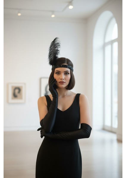 1920'LER Ikili Gatsby Aksesuar Seti – Siyah Charleston Saç Bandı ve Uzun Eldiven fiyatları