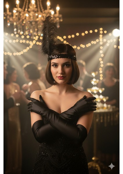 1920'LER Ikili Gatsby Aksesuar Seti – Siyah Charleston Saç Bandı ve Uzun Eldiven modelleri