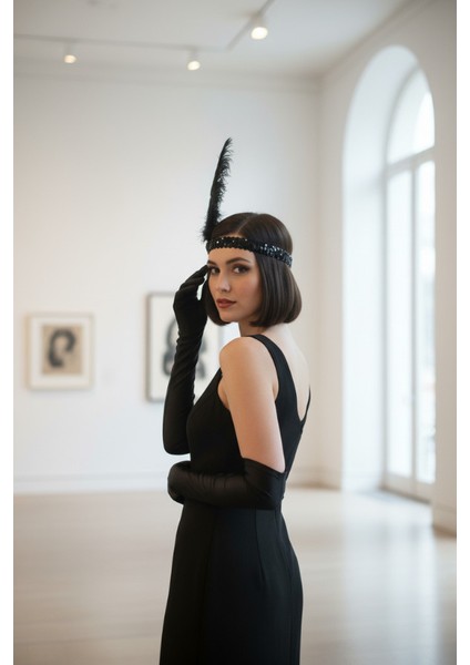 1920'LER Ikili Gatsby Aksesuar Seti – Siyah Charleston Saç Bandı ve Uzun Eldiven fırsatları