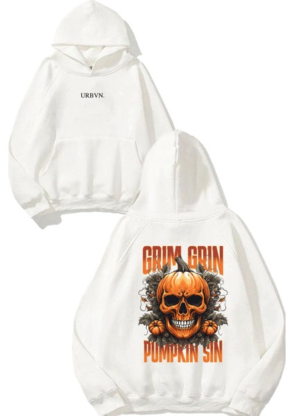 Pumpkin Tasarım Baskılı Oversize Beyaz Kapüşonlu Sweatshirt