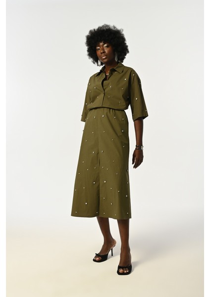 Kadın Önü Taş Işlemeli Truvakar Kollu Haki Renk Gömlek modelleri