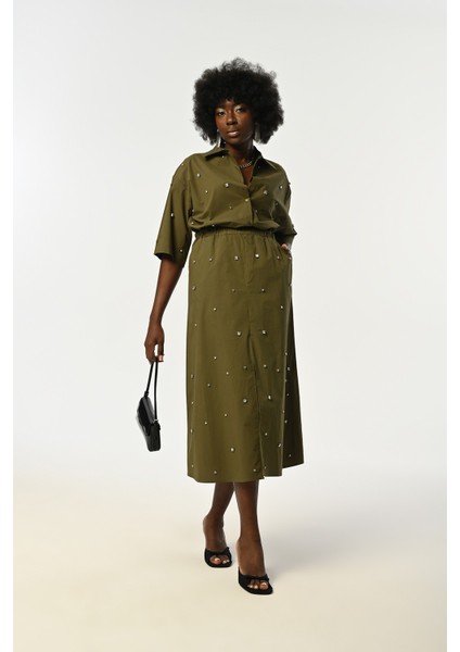 Kadın Önü Taş Işlemeli Truvakar Kollu Haki Renk Gömlek fırsatları