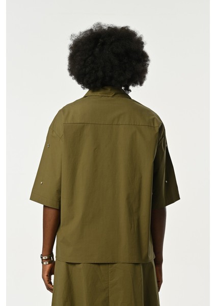 Kadın Önü Taş Işlemeli Truvakar Kollu Haki Renk Gömlek