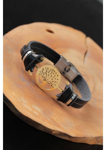 Bfs Gold Renk Metal Ağaçlı Tasarım Siyah Renk Deri Erkek Bileklik