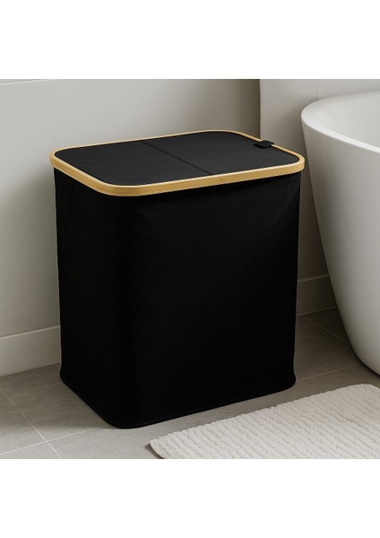 Doğal Bambu Çerçeveli Katlanabilir Kirli Sepeti – Kapaklı ve Kumaş Gövdeli Çamaşır Sepeti (Siyah) BR-6706