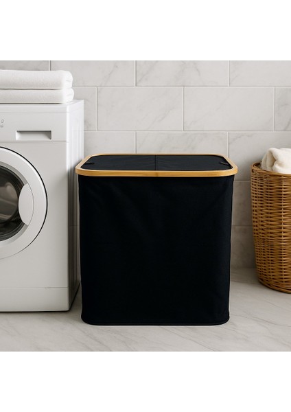 Doğal Bambu Çerçeveli Katlanabilir Kirli Sepeti – Kapaklı ve Kumaş Gövdeli Çamaşır Sepeti (Siyah) BR-6706 modelleri
