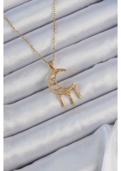 Bfs 316L Çelik Zincir Altın Renk Işlemeli Zirkon Taşlı Ay Kolye