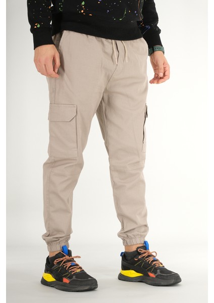 Erkek Taş Rengi Kargo Cepli Jogger Pantolon Rahat Kesim Pamuklu Lastikli Paça fiyatları