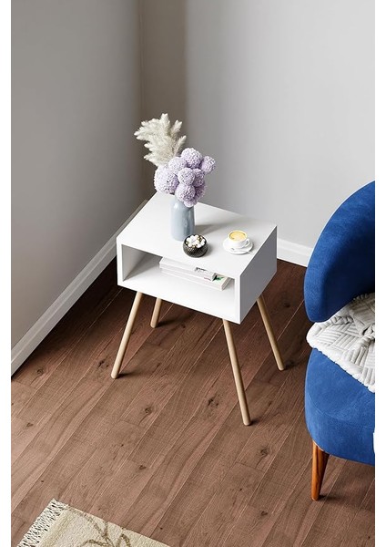 Ahşap Ayaklı Raflı Komodin - Beyaz