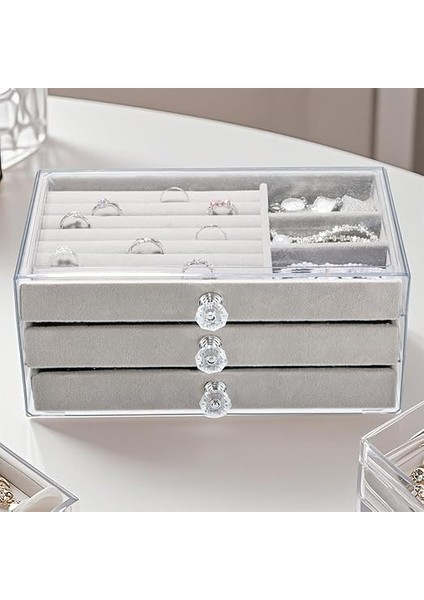 Kutusu, Büyük, 3 Katlı Takı Kutusu, Şeffaf Görsel Takı Düzenleyici, Yüzükler, Kolyeler, Küpeler, Bileklikler Için Takı Saklama, 23,5 x 13,5 x 11 Cm, Gri indirimleri