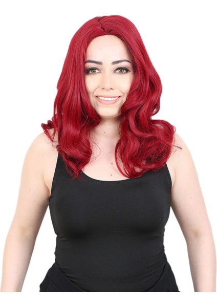 Kahkülsüz Fiber Sentetik Orta Boy Dalgalı Peruk - Kızıl