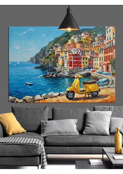 Scooter Tekne Akdeniz Kasabası Dekoratif Kanvas - Mdf Ahşap Tablo