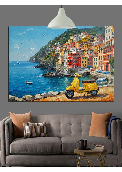 Scooter Tekne Akdeniz Kasabası Dekoratif Kanvas - Mdf Ahşap Tablo fiyatları