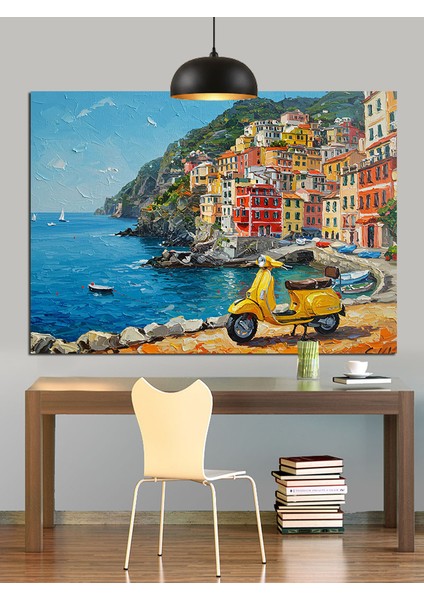 Scooter Tekne Akdeniz Kasabası Dekoratif Kanvas - Mdf Ahşap Tablo modelleri