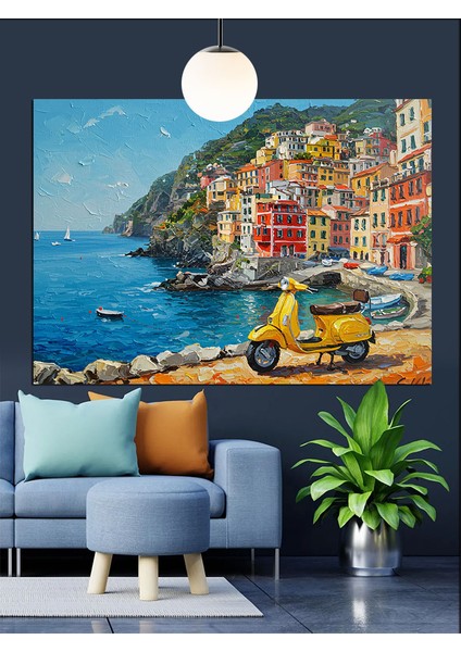 Scooter Tekne Akdeniz Kasabası Dekoratif Kanvas - Mdf Ahşap Tablo fırsatları