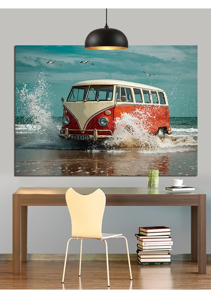 Volkswagen Minibüs Plaj Dalgalar Dekoratif Kanvas - Mdf Ahşap Tablo