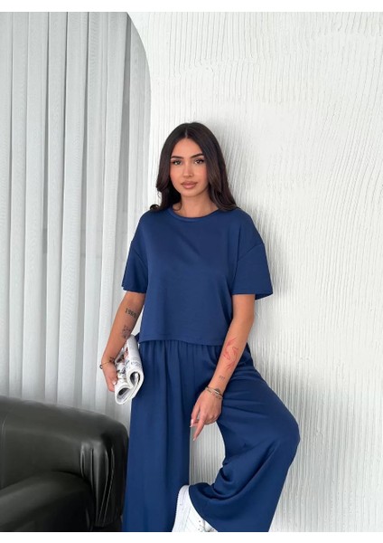 Osy Modal Yumuşak Dokulu Kumaş Bisiklet Yaka T-Shirt Bol Paça Pantalon Ikili Takım -Saks Mavi fiyatları