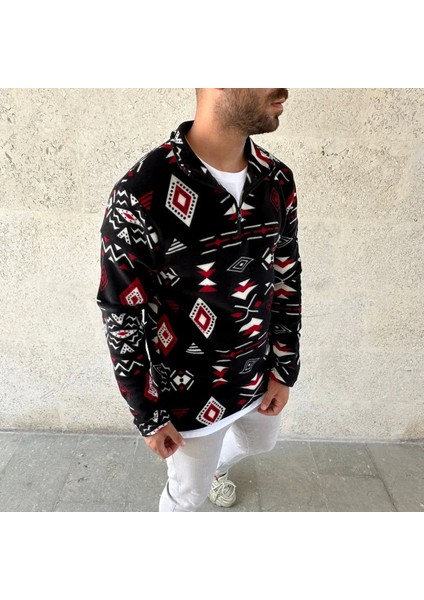 Erkek Yarım Fermuarlı Desenli Polar Sweat Tribal Etnik Desen Yakalı, Uzun Kollu, Oversize Rahat Kalıp, - Siyah fırsatları