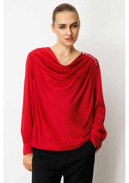 Kadın Degaje Yaka Saten Bluz 3019 Kırmızı