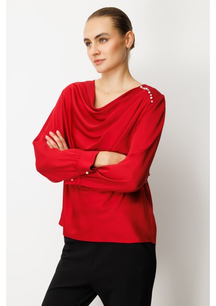 Kadın Degaje Yaka Saten Bluz 3019 Kırmızı fiyatları