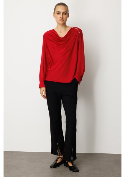 Kadın Degaje Yaka Saten Bluz 3019 Kırmızı modelleri