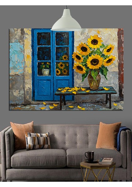 Ayçiçekli Mavi Kapı Sanat Dekoratif Kanvas - Mdf Ahşap Tablo