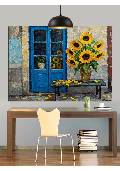 Ayçiçekli Mavi Kapı Sanat Dekoratif Kanvas - Mdf Ahşap Tablo fiyatları