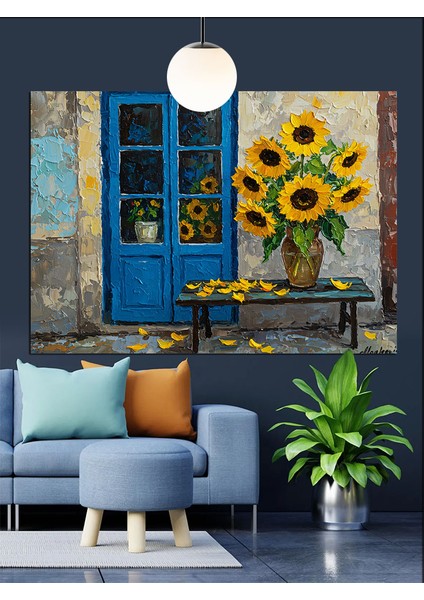 Ayçiçekli Mavi Kapı Sanat Dekoratif Kanvas - Mdf Ahşap Tablo modelleri
