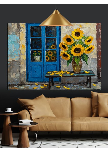 Ayçiçekli Mavi Kapı Sanat Dekoratif Kanvas - Mdf Ahşap Tablo fırsatları