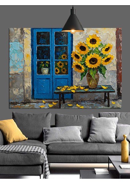 Ayçiçekli Mavi Kapı Sanat Dekoratif Kanvas - Mdf Ahşap Tablo indirimleri