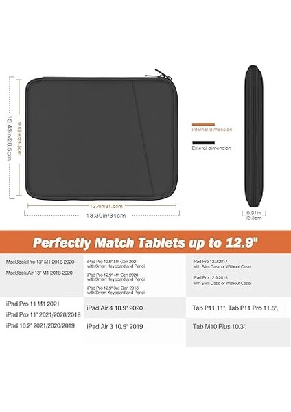 12.9 Inch Tablet Sleeve Bag, Compatible With 13 Inch New iPad Pro M4 & Air M2 2024, iPad Pro 12.9 Inch M2&m1, Galaxy Tab S8+/s9+ 12.4", Waterproof Bag Carrying Case With Pocket, Dark Gray fiyatları