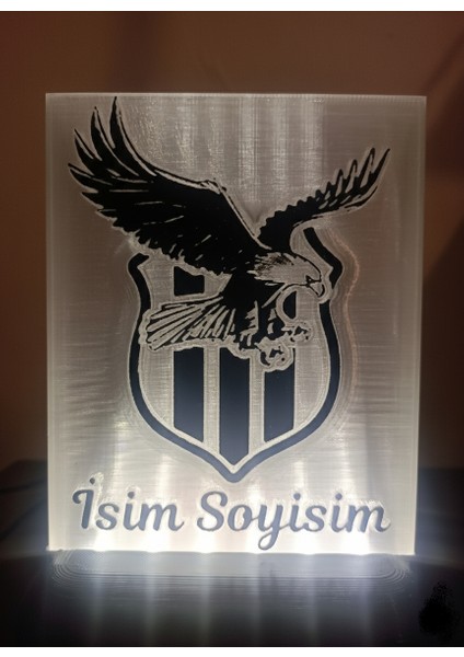Kişiye Özel Isimli Siyah Beyaz Kartal Dekoratif LED Lamba Kablolu Adaptörlü