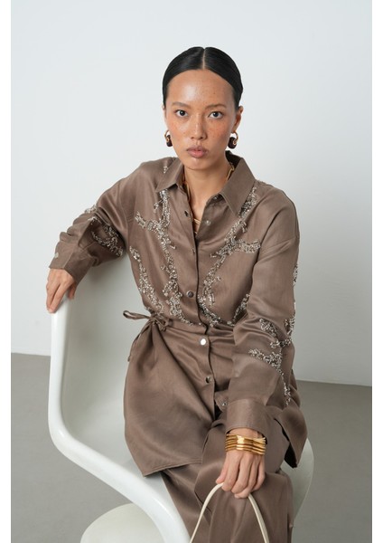 Kadın Boncuk Işlemeli Belden Büzgülü Çıtçıt Kapamalı Ceket modelleri